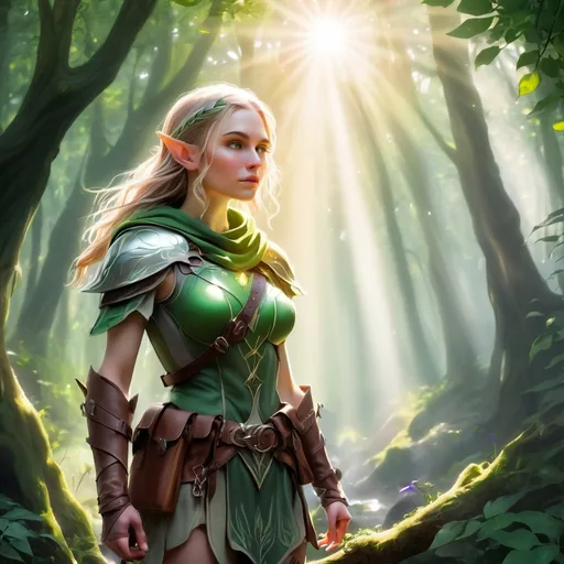 Prompt: Elf ranger in a mystical forest around sunlight