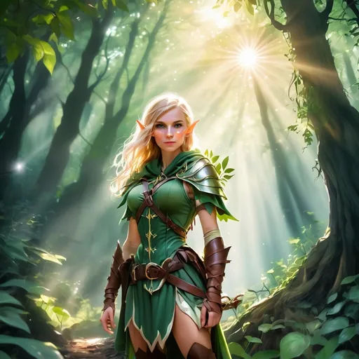 Prompt: Elf ranger in a mystical forest around sunlight