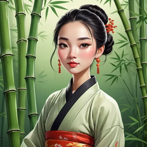 Prompt: Cartoon-style illustration of a Chinese person, traditional Chinese clothing, elegant bamboo garden setting, expressive eyes, glossy black hair in a bun, serene and peaceful expression, vibrant colors, high-quality, cartoon, traditional, elegant, bamboo garden, expressive eyes, serene expression, vibrant colors