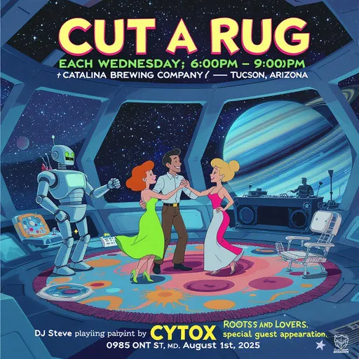 Prompt: Create an illustrated 4x5 party flyer inspired by the futuristic TV series The Jetsons, with two couples of varying ethnicity, and an obviously mechanical robot, dancing on, and around a futuristic rug, having a good time like it’s the best party they’ve attended, inside a spaceship styled home, with a view of Saturn out of one of the craft's windows. Include a DJ playing in the back ground. The weekly event is called “Cut a Rug”, which should be prominently displayed at the top of the flyer. The party is each Wednesday, 6:00PM – 9:00PM, at Catalina Brewing Company, Tucson, Arizona.DJ Steve playing Roots and Lovers. special guest appearance by CYTOX August 1st, 2025.