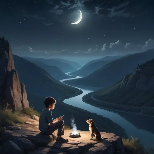 Prompt: A serene night scene on top of a mountain. The sky is clear with a lot of stars and a prominent half moon. A boy is sitting on the mountain, smoking a cigarette, with a dog by his side. Beside them is a car with the license plate 'RJ26CA5594'. In the background, a river winds through the landscape below. The mood is peaceful and contemplative, with cool, dark colors representing the night and the gentle glow of the moonlight.