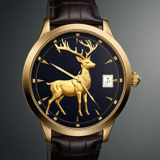 Prompt: Watch with golden deer and JAEGER as logo
