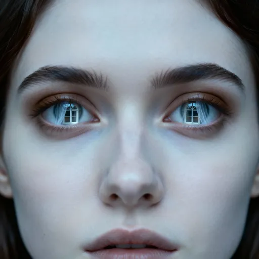 Prompt: Femme yeux brun. cheveux brun foncé. 2 Yeux de verre. Fenêtre dans les 2 pupilles, comme un voile. Émotion. Vide.