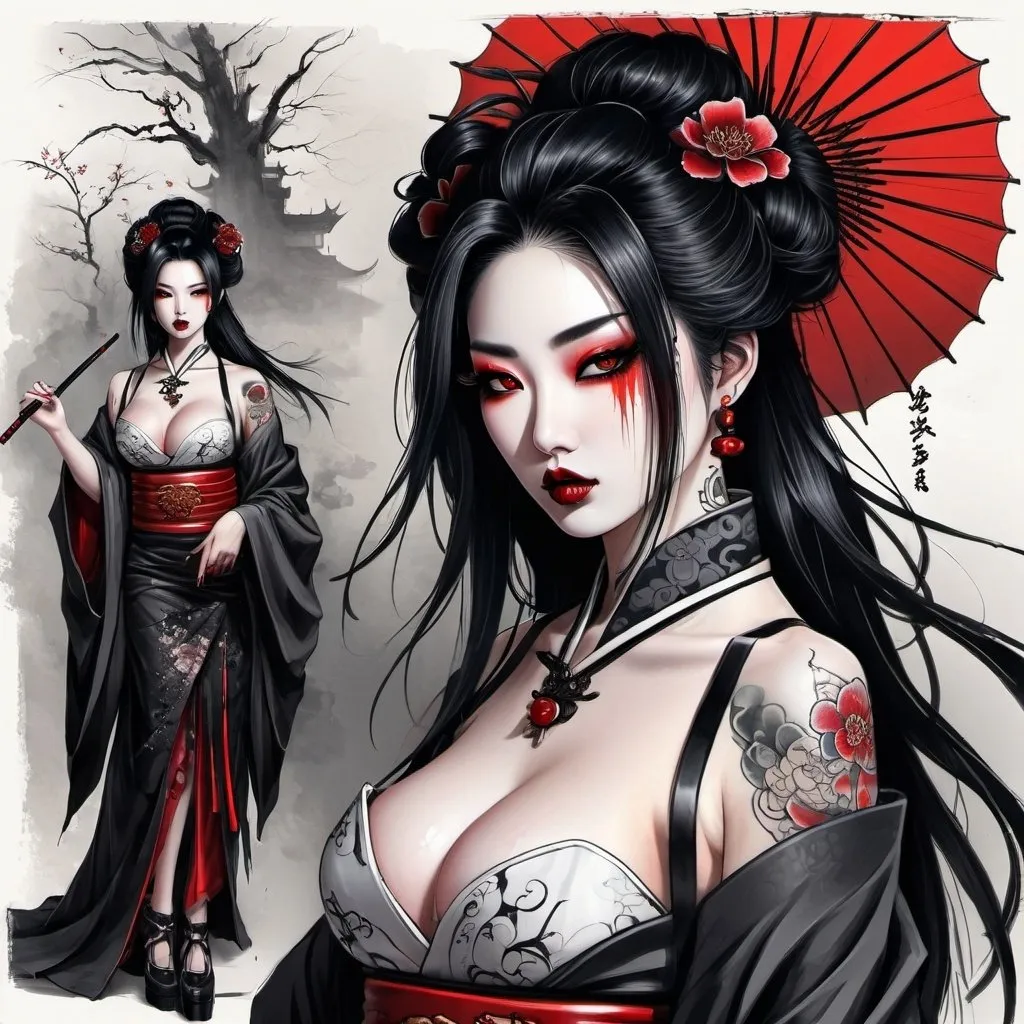 Prompt: Rustic Sketchbook Style, Sketch Book, Hand Drawn, Sketch, Rough Sketch, Dark Lines And Loose Lines, Bold Lines, On Paper, Body Character Sheet, Full Body, Complete Body Image, ((FULL BODY, SHOW HEAD, BODY, LEGS)) A Goth Geisha, Vampire Woman ((Japanese Elf)), Japanese Female Elf ((Liu Yifei)), Pointy Ears, Elf Ears, With Many Piercings, Dramatic Asian Red Eyes, Eyes Glowing Red, Red Glowing Red Eyes, Layered Side Bangs, Black Haired Goth Geisha, Tattoos, Very Elegant Kimono, Pale Skin, Porcelain Skin, Skin Like Porcelain, Fit Body, Long Legs, in High Heels, Tattoos, Walking Through a Gothic City, Gothic Steampunk, Dim Light, High Fantasy, Horror Dark Fantasy.