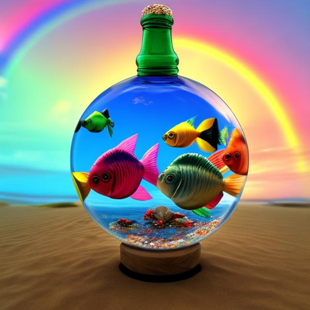 Prompt: fish in sphere bottle  rainbow 
