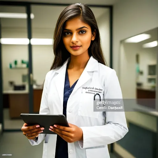 Prompt: A professional Indian female doctor is elegantly attired in her medical dress code. She is wearing a pristine white lab coat, which is neatly tailored and buttoned up. Beneath her coat, she has on a smart, collared shirt, paired with professional trousers or a skirt. Her stethoscope is draped around her neck, and she is holding a medical chart or tablet in one hand. Her hair is styled neatly, and she carries a confident, compassionate expression. The background features a modern, well-equipped medical office or hospital setting, emphasizing her dedication and professionalism. The overall look reflects both her expertise and the respect for her profession.