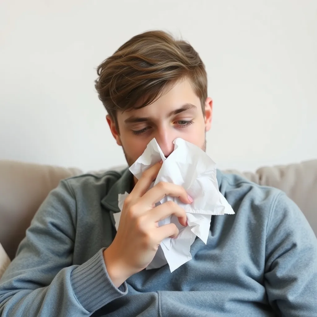 Prompt: a young man sick and having flu and sitting on a sofa with a lot of tissues, 
white background, day time