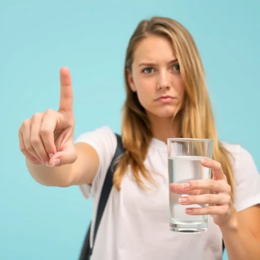 Prompt: a young lady showing hand with thumb down, sad face showing dislike and holding a glass of water, day time, clean background