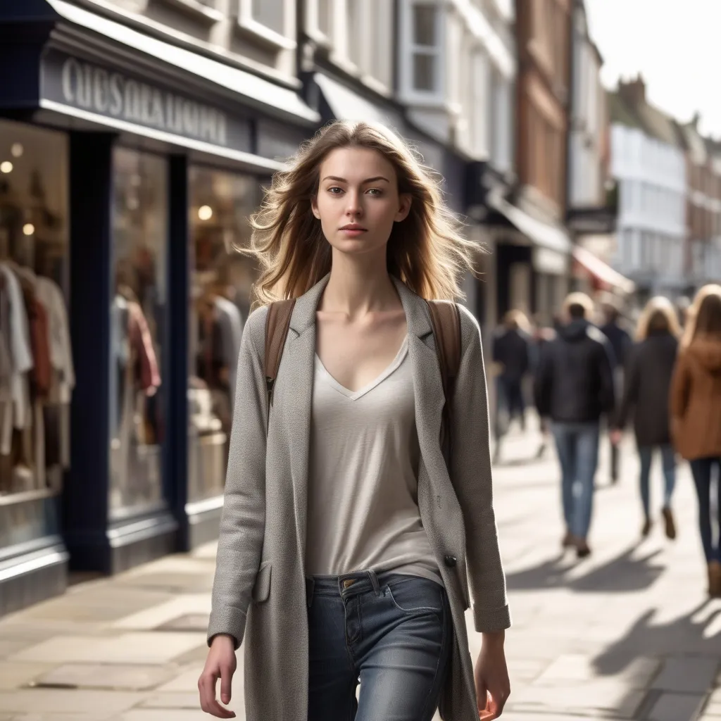 Prompt: Tall young woman walking down the high street, detailed clothing, realistic, natural lighting