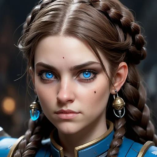 Prompt: A young human adult female sanctioned psyker from Warhammer 40k, close up on face and calm looking, intense blue eyes, braided brown hair