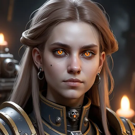 Prompt: A young adult female psyker from Warhammer 40k, close up on face and calm looking, glowing eyes