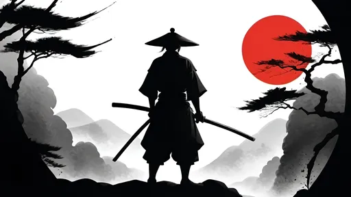 Prompt: Minimalist depiction of a powerful samurai, red sun,Japanese symbols,
 silhouette, clean lines and simplicity, traditional katana, serene and focused expression, strong and confident posture, ink painting style, high contrast, clean and precise, Japanese warrior, simple elegance, monochrome, minimalist, traditional weapon, focused gaze, high quality, ink painting, serene lighting