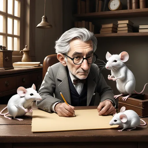 Prompt: an old writer with grey hair is thinking sitting at a wooden desk. Three white topolilini stand next to the writer. A white mouse is in the pocket of his jacket, and the other two white mice are writing on a sheet with a pencil