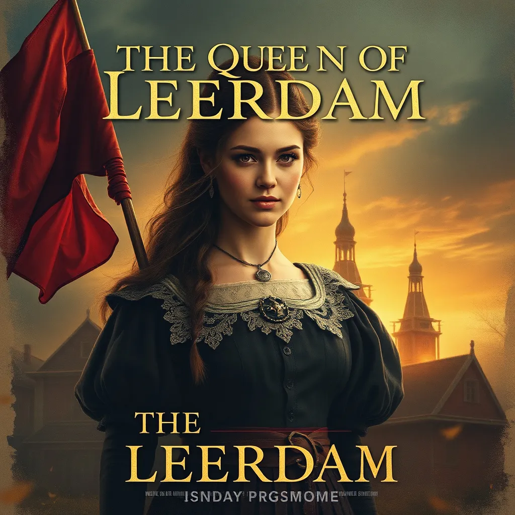 Prompt: Create a movie poster about the the movie the queen of leerdam. Its about a dutch young woman who has to defend her town from evil people.