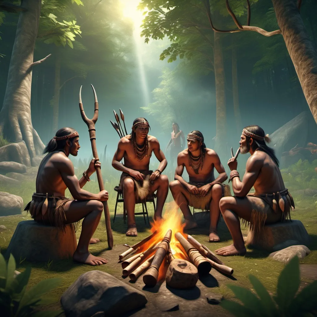 Prompt: (tribal scene of three primitive hunters), gathering in a natural setting, engaging in hunting, cooking over an outdoor fire, lush green background with tall trees, dramatic lighting highlighting the action, rustic terrain, ancient tools and weapons, vivid details capturing movement and cooperation, warm tones creating a friendly atmosphere, (ultra-detailed, 4K resolution).