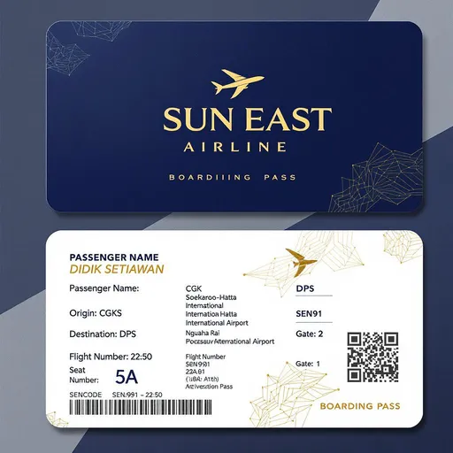 Prompt: Design an elegant and luxurious airline boarding pass for "Sun East Airline" with a navy blue and white base color scheme and gold accents. Use premium, modern typography. Include the following specific details in English:
Passenger Name: Didik Setiawan
Origin: CGK (Soekarno-Hatta International Airport)
Destination: DPS (Ngurah Rai International Airport)
Flight: 9 JUL
Time: 22:50
Flight Number: SEN991
Seat Number: 5A
Gate: 2
Barcode and Boarding Pass Design Elements
The layout should be clean, professional, and reflect luxury. The "Sun East Airline" brand name, featuring a gold airplane element, should be prominently displayed at the top in gold or navy blue lettering. Include realistic boarding pass features such as a flight details section, barcode, and elegant gold accents throughout.