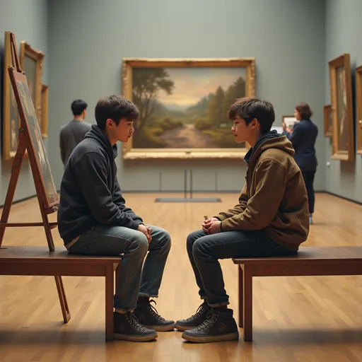 Prompt: Deux adolescents de 17 ans sont assis dans un musée sur un banc à 1 mètre 50 distance l'un de l'autre se dévisageant. Près d'un des adolescents il y a un chevalet avec une peinture en train d'être réalisé.  Je veux une image naturaliste.