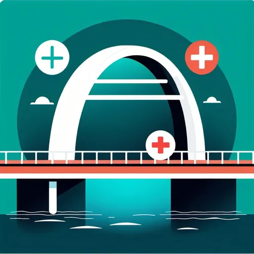 Prompt: "An icon that includes a bridge with a modern structure and a medicine capsule on the bridge