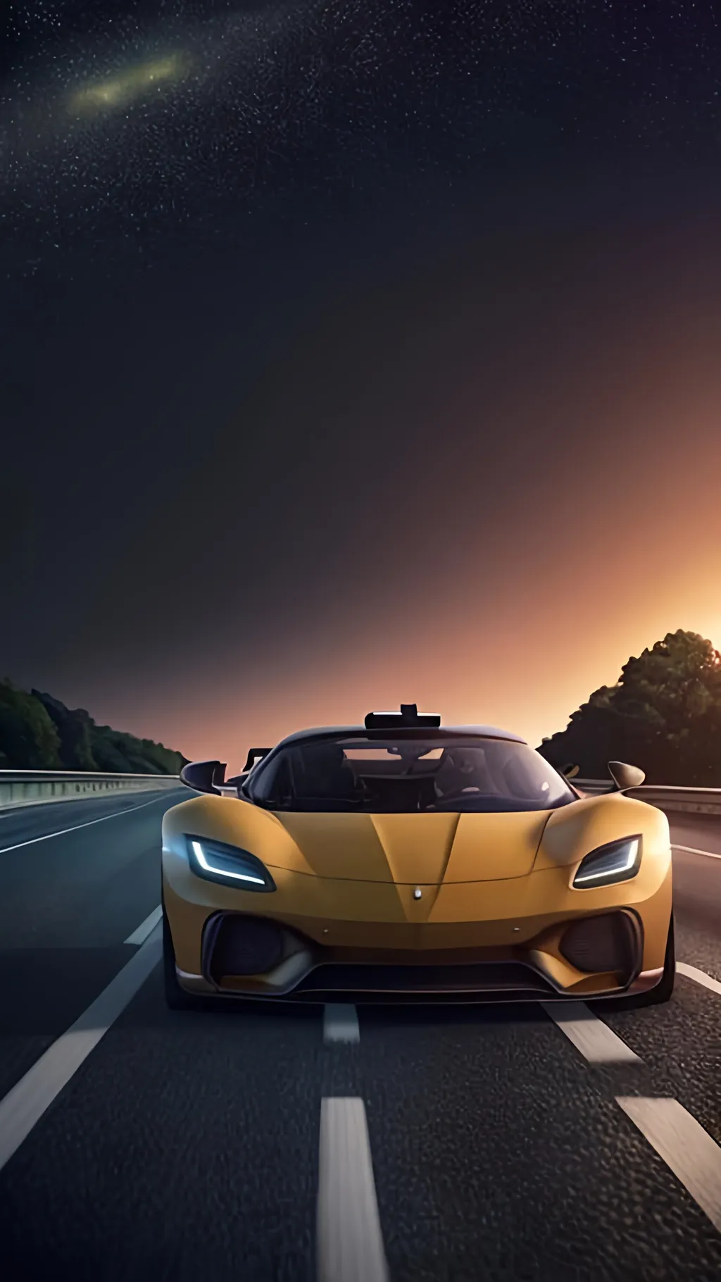 Prompt:  a photorealistic poster of a supercar driving down a 5 lane highway, sunset glowing and disappearing under the horizon,  dark starry background , road to space , dark neon textured road, realistic road surface, long highway, detailed textures, artwork about a road to freedom, Professional photography, bokeh, natural lighting, canon lens, shot on dslr 64 megapixels sharp focus.