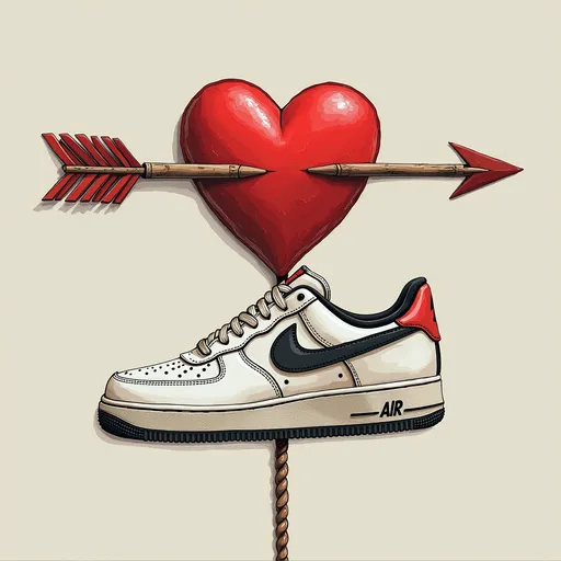 Prompt: arrow through a heart and on the end of the arrow a nike air force shoe



