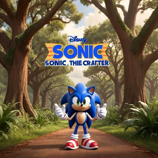 Prompt: Create a Disney Pixar Style movie With Sonic With oak trees And there is a text above that says "SonicTheCrafter"