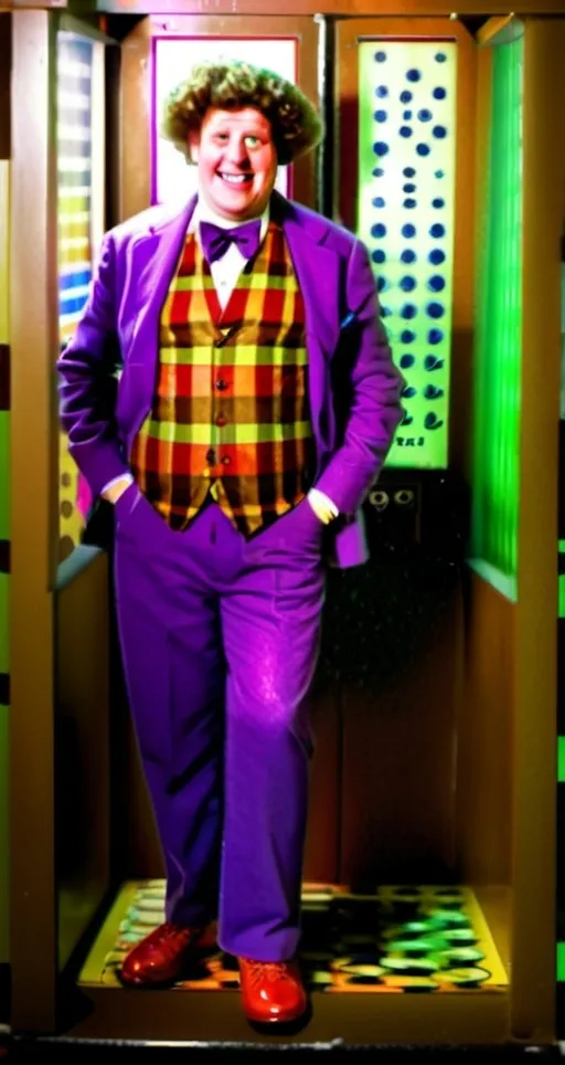 Prompt: (fat wacky eccentric scientist), thick unkempt brown perm, wearing (bright purple turtleneck), (vibrant brown sport coat), plaid pants, red Converse All Star shoes, striking heroic confident pose, (fun colorful retro science lab setting), old timey control panels, bubbling beakers full of (colorful liquid), (highly detailed), (4K), playful ambiance, whimsical atmosphere, eclectic background elements, lush colors for a captivating visual experience.