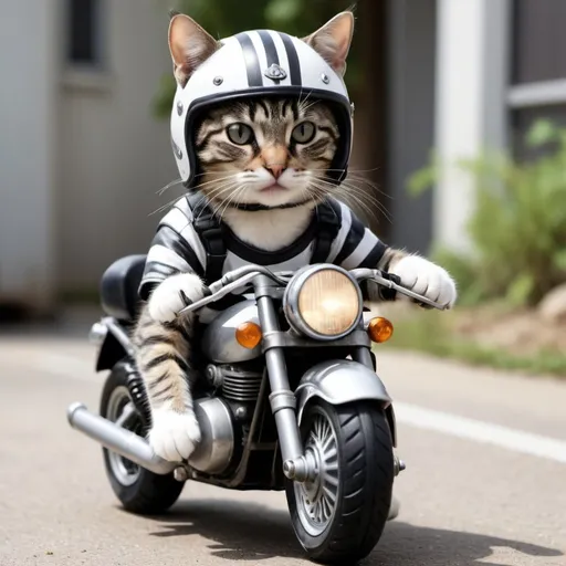 Prompt: Realistic photo of a tabby cat that is gray with black stripes on top and white on bottom wearing a helmet and riding a cat sized motorcycle 