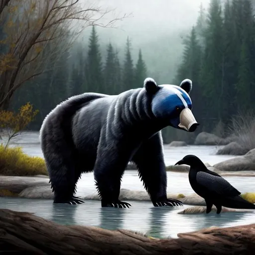 Prompt: Mystical black bear and white crow standing by a river