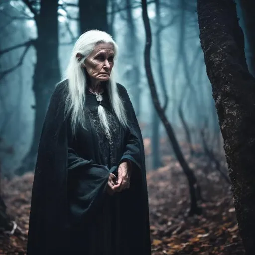 Prompt: Old mystical woman with thinning white hair in a dark forest.