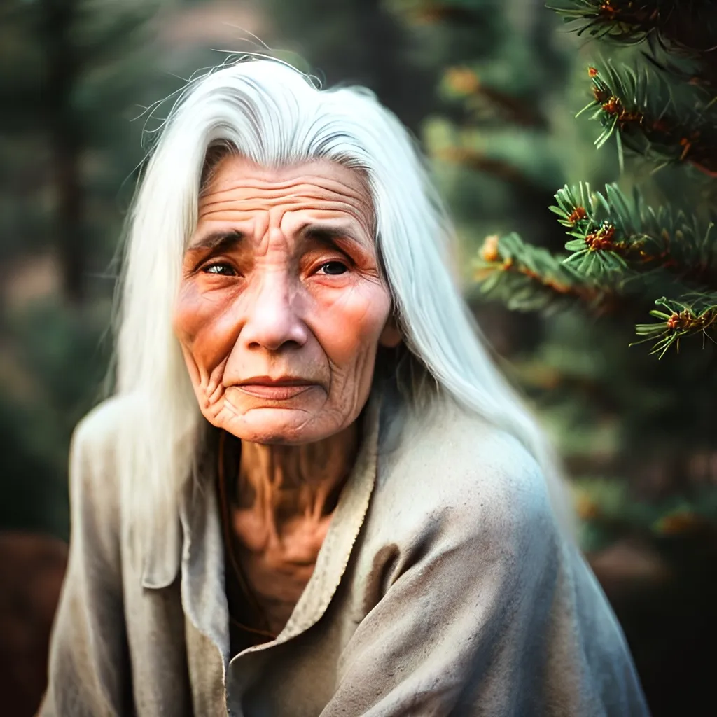 Prompt: Old woman with thin white hair surrounded by pine trees