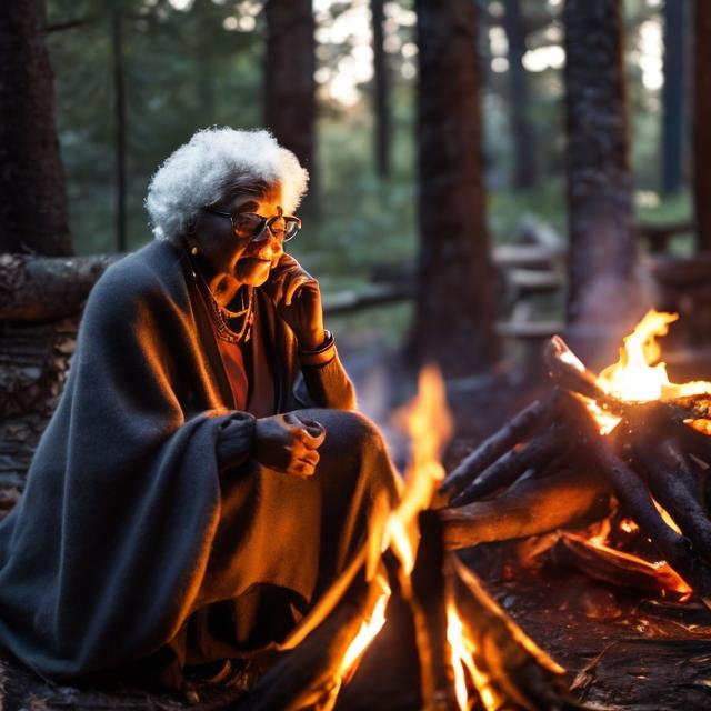 Prompt: Beautiful old  Black woman sitting by a camp fire in the forest surrounded by woodland animals