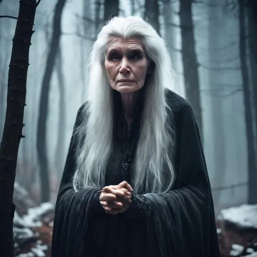 Prompt: Old mystical woman with thinning white hair in a dark forest.