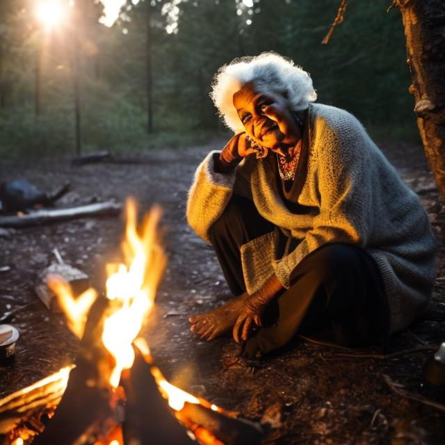 Prompt: Beautiful old  Black woman sitting by a camp fire in the forest surrounded by woodland animals