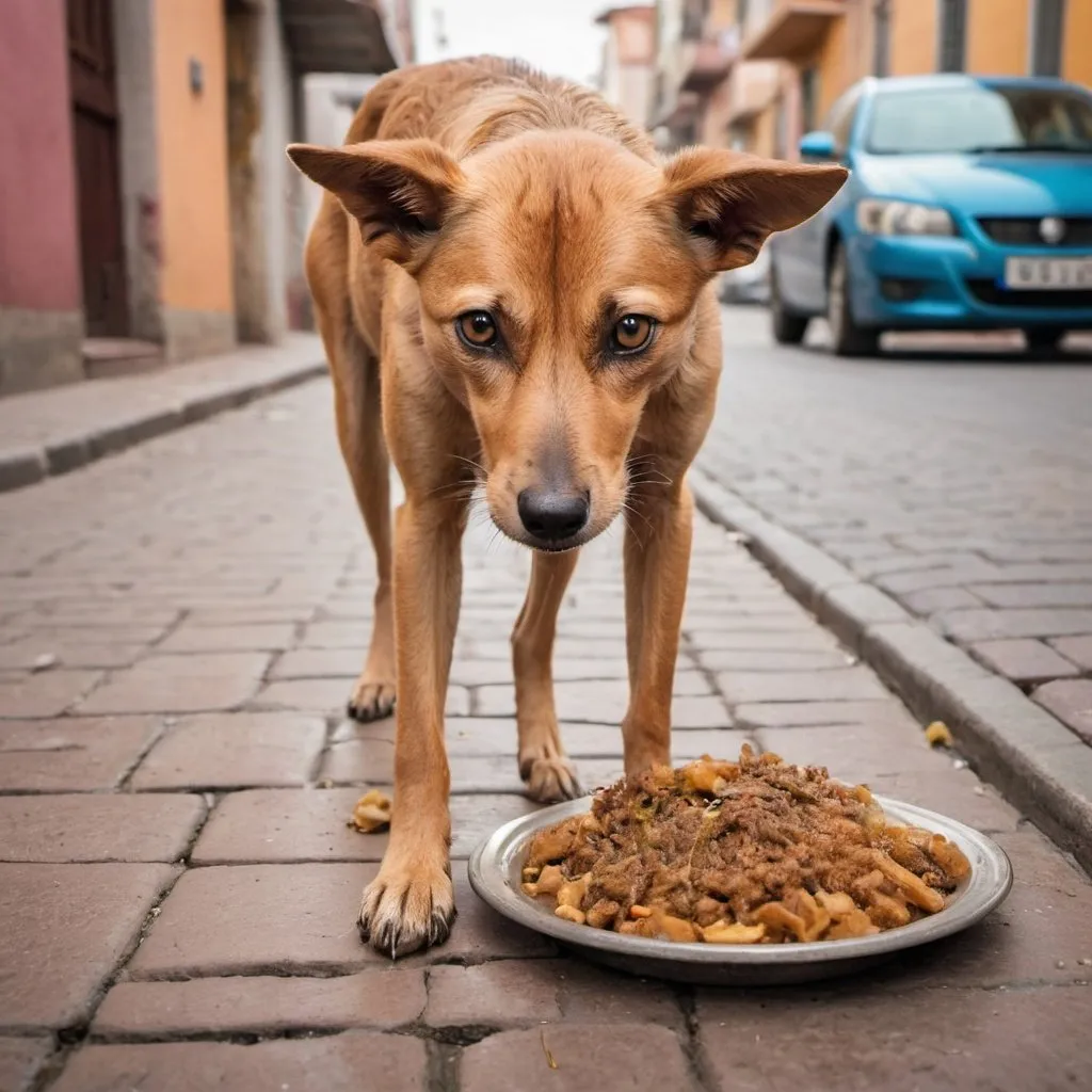 Prompt: A light-brown stray dog eating in the street, psychedelic 