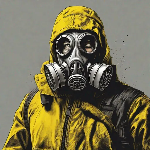 Prompt: A man with a gas mask in his face and wearing the yellow hazard suit. Create it for my profile picture. Do it in a art like style.