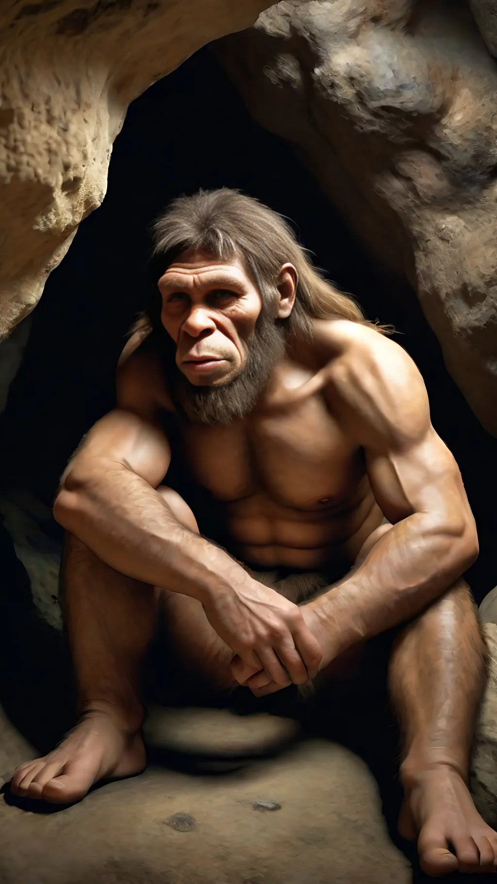 Prompt: Photo realistic Neanderthal sitting in cave