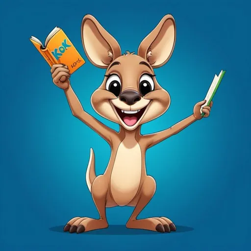 Prompt: Imagine a cheerful, cartoon-style kangaroo (Kook) with a big smile, possibly holding a book or jumping in excitement. The background could be a vibrant blue or green, making Kook pop out. Add a playful font for the name, positioned either at the bottom or along the side of the character.