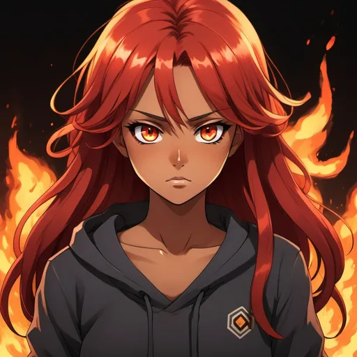 Prompt: a girl with dark tanned skin, long bright fiery red hair, eyes the color of fire, and a stern expression, anime style