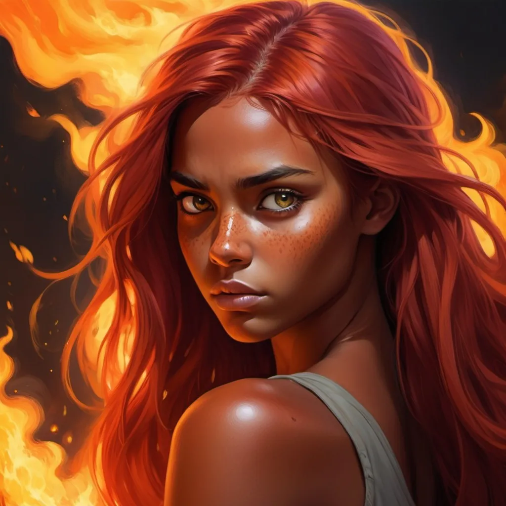 Prompt: a girl with dark tanned skin, long bright fiery red hair, eyes the color of fire, and a stern expression