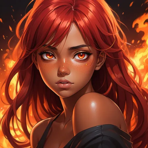 Prompt: a girl with dark tanned skin, high quality, long bright fiery red hair, eyes the color of fire, and a stern expression, anime style, full lips, 