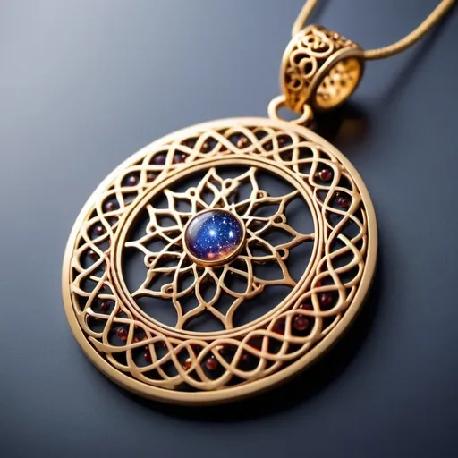 Prompt: (Neck pendant design), inspired by Rumi’s profound poem, intricately enmeshed in elegant filigree, representing my soul and world, subtle fire and passion, (vibrant warm tones), radiant light illuminating the delicate pendant, backgrounds infused with starry night sky, mystical vibe, (ultra-detailed) craftsmanship reflecting emotional depth and artistic vision.