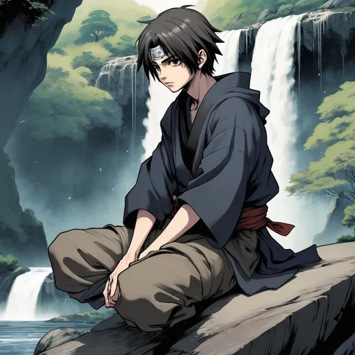 Prompt: “Manga-style scene of a 15-year-old boy with messy, short hair and oversized sleeves that nearly cover his hands. His outfit is a bit tattered, mismatched—hand-me-down shinobi wear—suggesting a lack of resources or clan pride. He’s sitting on a flat rock, gazing quietly at the waterfall in the distance, hands resting between his knees. His eyes are observant and kind, but subtly anxious, like he’s hiding his low compatibility with his clan. Expression is introspective, with a faint smile. The atmosphere feels quiet. Background is foggy cliffs and sparse grass with stones around. Muted tones, soft cinematic lighting, manga panel with grounded emotional weight.”