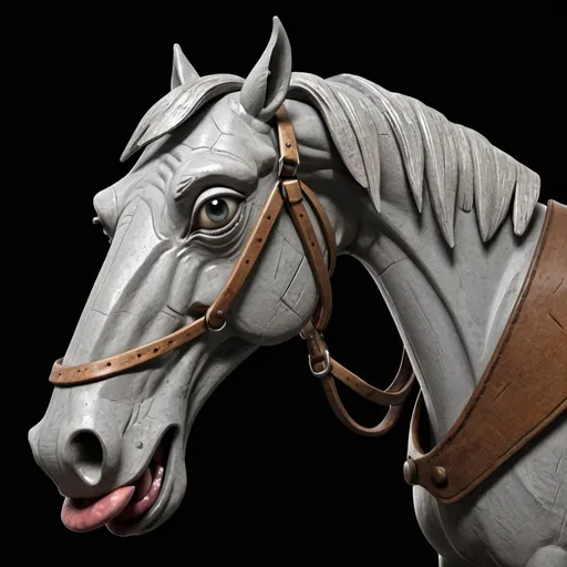 Prompt: CGI A CARVING FROM WOOD of a cartoon style old grey horse, very tired looking, tongue hanging out, with a well worn saddle,  dark background