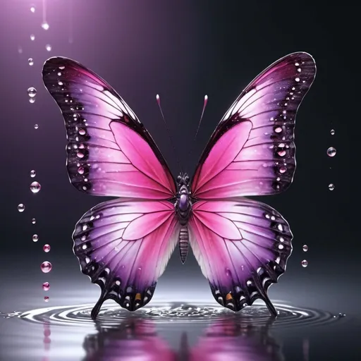 Prompt: create a hyper realistic image of a delicate glossy Purple and Pink colour Butterfly, the wings have a slight vibrant of white near the center, and there are crystal clear visible water droplets on the wings. abstract. ultra HD 64k hyperrealism light reflection background dark studio lightning