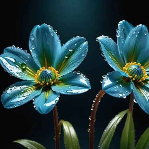 Prompt: create a hyper realistic image of two delicate glossy Blue and Green colour flowers with prominent yellow centers and thin reddish-brown stems. The petals of the flowers have a slight vibrant of white near the center, and there are crystal clear visible water droplets on the petals. abstract. ultra HD 64k hyperrealism light reflection background dark studio lightning