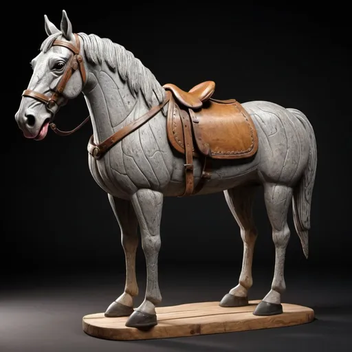 Prompt: CGI full body A CARVING FROM WOOD of a cartoon style old grey horse, very tired looking, tongue hanging out, with a well worn saddle,  dark background