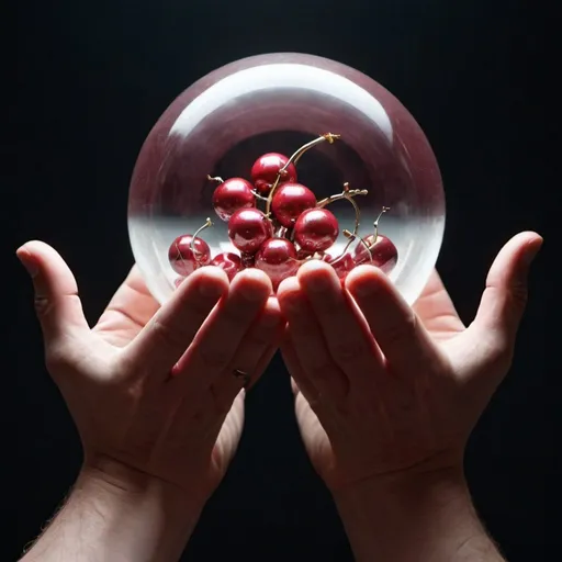 Prompt: HANDS IN A BALL-SHAPED SPHERE OR JAR WITH CORK, INSIDE SEVEN CHERRY-COLORED POWERS AND THE HANDS INSIDE ARE HOLDING THEM, ALL IN A MAGICAL WORLD AS POWERS