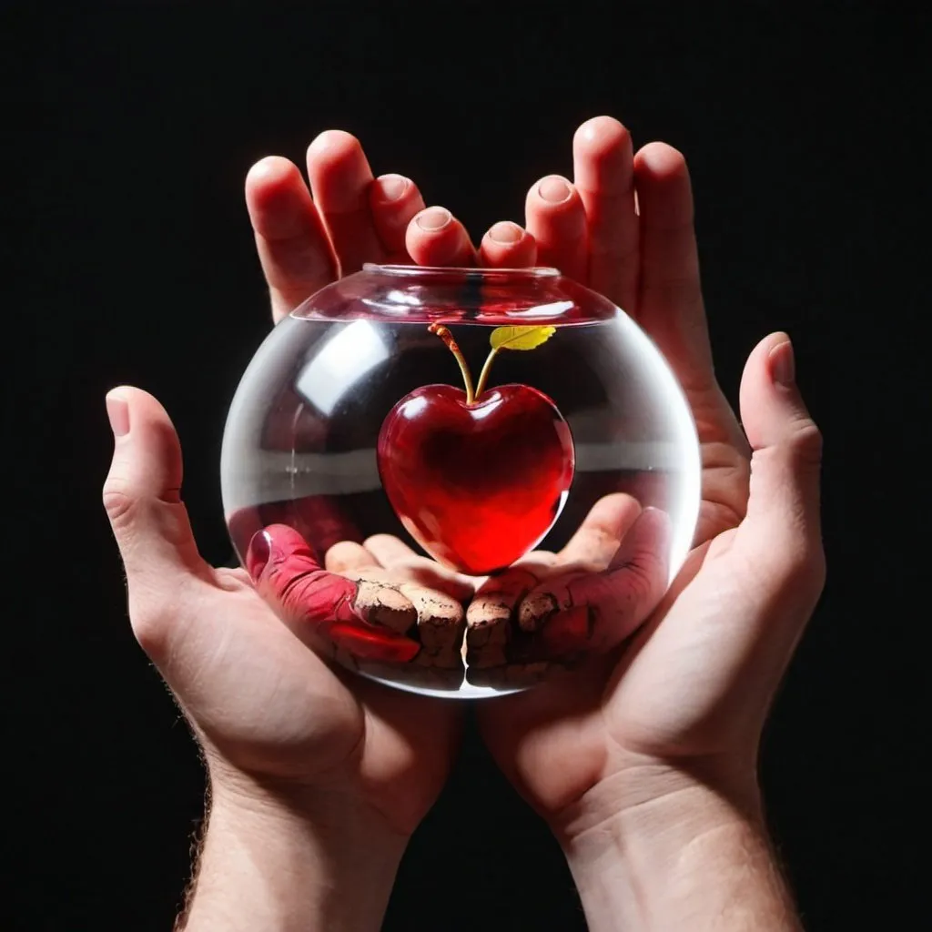 Prompt: HANDS IN A BALL-SHAPED SPHERE OR JAR WITH CORK, INSIDE SEVEN CHERRY-COLORED POWERS AND HANDS INSIDE ARE HOLDING THEM