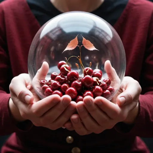 Prompt: HANDS IN A BALL-SHAPED SPHERE OR JAR WITH CORK, INSIDE SEVEN CHERRY-COLORED POWERS AND THE HANDS INSIDE ARE HOLDING THEM, ALL IN A MAGICAL WORLD AS POWERS