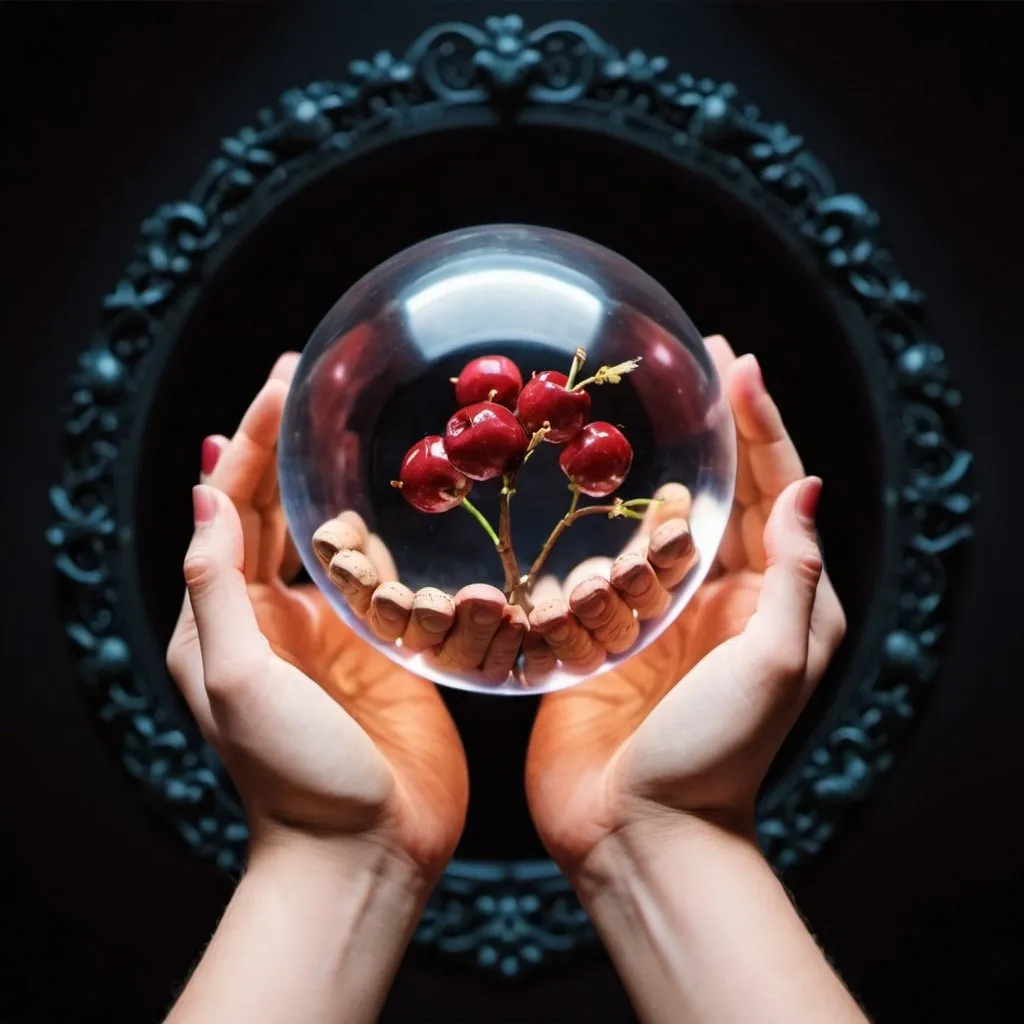 Prompt: HANDS IN A BALL-SHAPED SPHERE OR JAR WITH CORK, INSIDE SEVEN CHERRY-COLORED POWERS AND HANDS INSIDE ARE HOLDING THEM, ALL IN A MAGICAL WORLD
